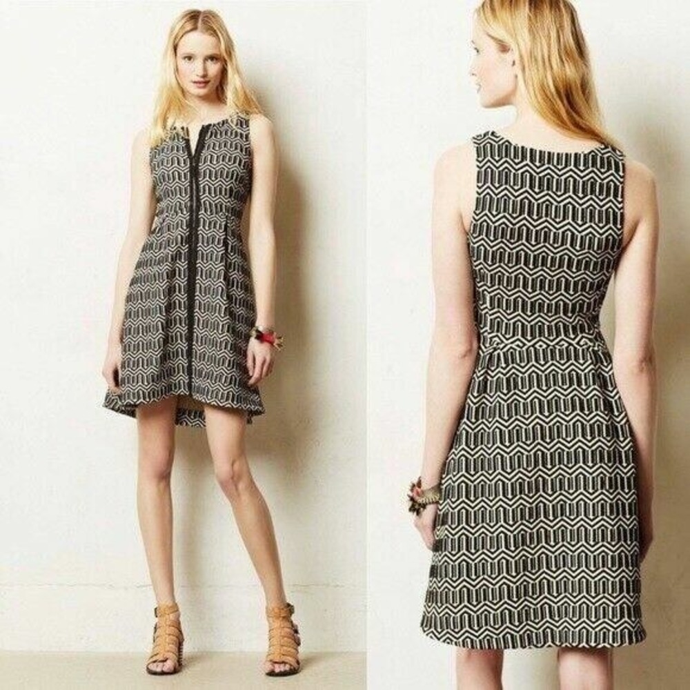 Leifsdottir Anthropologie Dress Women 12 Black White Chevron Zip Sleeveless